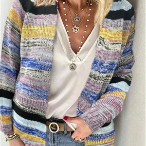 Women Yarn/Wool Yarn Multicolor Block Long Sleeve Comfy Casual Cardigan, Cardigans, color:Blue|size:3XL, catalog Noracora shop
