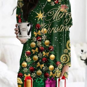 Vintage Christmas Holiday Pattern Crew Neck Long Sleeve T-shirt, T-shirts, color:Green|size:5XL, catalog Noracora shop