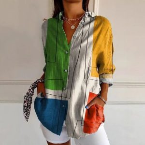 Women's Long Sleeve Shirt Spring/Fall Geometric Shirt Collar Daily Going Out Casual Top, JustFashionNow Blouses, color:Yellow|size:5XL,