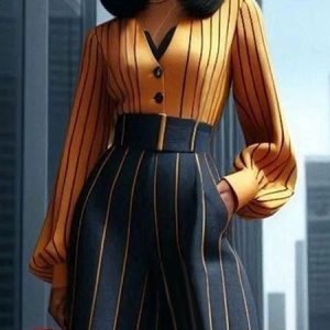 V Neck Striped Urban Balloon Sleeve Regular Fit Shirt, Blouses and Shirts, color:Yellow|size:XXL, Stylewe