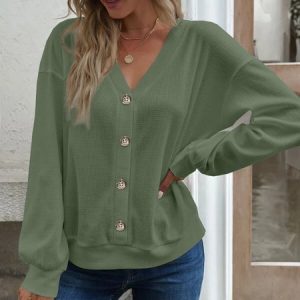 V Neck Long Sleeve Plain Regular Micro-Elasticity Loose Blouse For Women, Blouses, color:Army Green|size:XXL, catalog Noracora shop