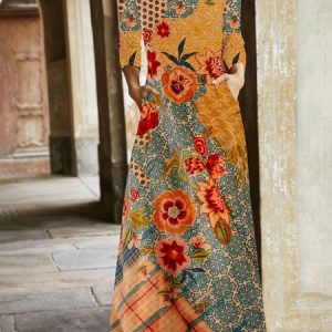 Women Floral V Neck Long Sleeve Comfy Casual Pocket Stitching Maxi Dress, Dresses, color:Orange|size:XXL, catalog Noracora shop