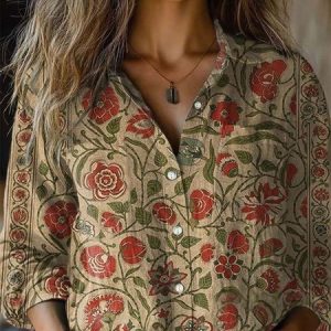 Women's Long Sleeve Shirt Spring/Fall Ethnic Shawl Collar Daily Going Out Vintage Floral Top, JustFashionNow Blouses, color:As Picture|size:4XL,