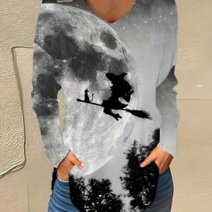 V Neck Long Sleeve Halloween Regular Micro-Elasticity Loose Blouse For Women, Blouses, color:Gray|size:XXL, catalog Noracora shop