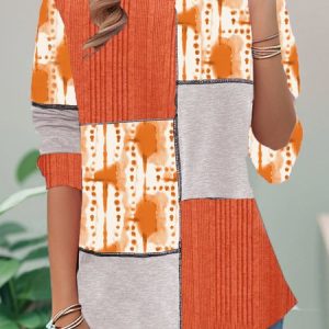 Casual Floral Crew Neck Long Sleeve T-shirt, Blouses, color:Orange Red|size:XXL, catalog Noracora shop