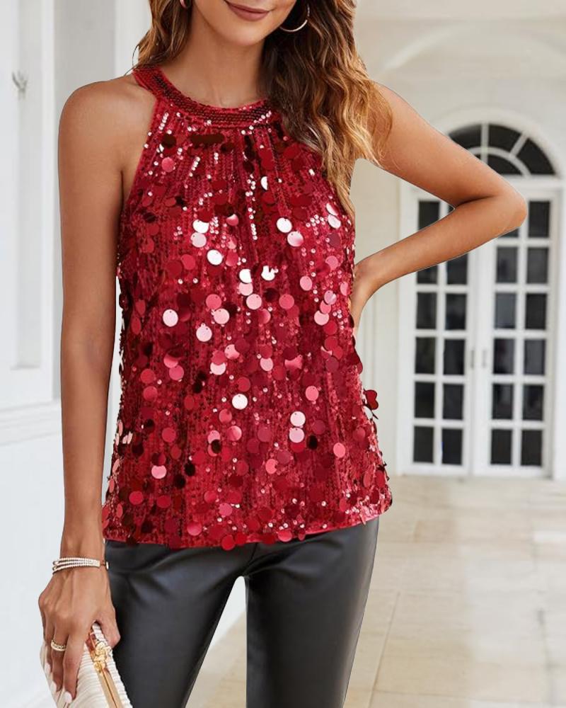 Round Neck Sequin Sleeveless Tank Top Casual Slim Fit Party Clubwear, women Tanks & Crop Tops, ChicMe catalog