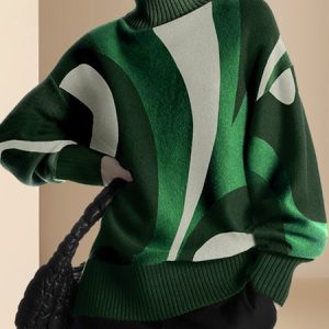 Cozy Abstract Turtleneck Sweater, Pullovers, color:Green|size:XXL, Stylewe