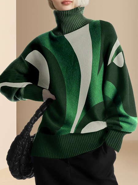 Cozy Abstract Turtleneck Sweater, Pullovers, color:Green|size:XXL, Stylewe