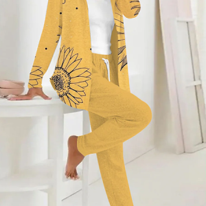 Women's Floral Two-Piece Set Daily Long Sleeve Casual Spring/Fall Coat With Pants Matching Set, JustFashionNow Suit Set, color:Yellow|size:XXL,