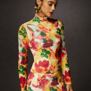 Urban Mock Neck Tight Floral Tee, Tees, color:As Picture|size:XXL, Stylewe