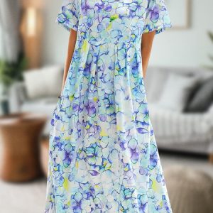 Women's A Line Dress Maxi long Dress blue Short Sleeve Floral Ruched Pocket Print Woven Summer Fall Crew Neck Casual 2022, Midi, color:lavender|size:XXL, catalog Noracora shop