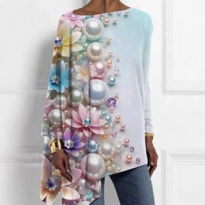 Women's Long Sleeve Blouse Spring/Fall Abstract Crew Neck Daily Going Out Casual Top, JustFashionNow Shirts, color:Blue|size:3XL,