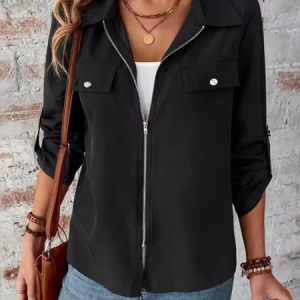 Women's Plain Zipper Regular Loose Jacket, Outerwear, color:Black|size:XL, catalog Noracora shop