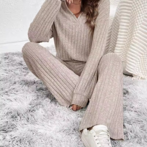 Women Plain Shawl Collar Long Sleeve Comfy Casual Top With Pants Two-Piece Set, Sets, color:Apricot|size:XL, catalog Noracora shop
