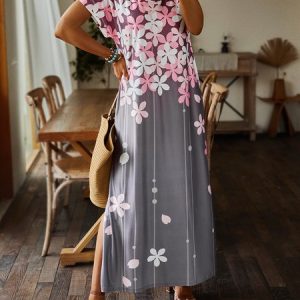 Casual Floral Short Sleeve V Neck Plus Size Printed Dress, Maxi, color:Pink|size:XXL, catalog Noracora shop