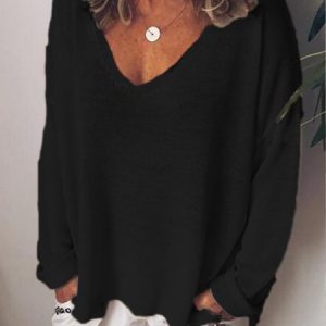 Woman Casual V Neck Cotton-Blend Long Sleeve Tunic T-Shirt, T-shirts, color:Black|size:XXL, catalog Noracora shop
