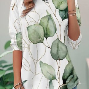 Casual Leaf Crew Neck Long Sleeve T-shirt, T-shirts, color:Green|size:XXL, catalog Noracora shop