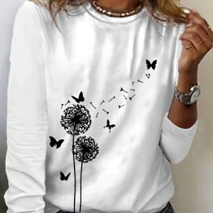 Dandelion Print Long Sleeve Crew Neck T-shirt, Long sleeves, Lilicloth.com