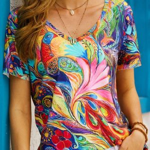 V Neck Shift Casual Short Sleeve T-Shirt, T-shirts, color:As Picture|size:XXL, catalog Noracora shop