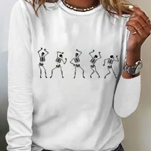 Casual Halloween Dancing Skeleton Crew Neck Long Sleeve T-shirt, T-shirts, color:White|size:XXL, catalog Noracora shop