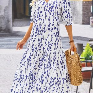 V Neck Loose Blue Floral Casual Dress, Maxi, color:Red|size:XS, catalog Noracora shop