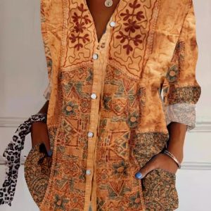Shirt Collar Long Sleeve Ethnic Regular Loose Shirt For Women, Shirts, color:Orange|size:XXL, catalog Noracora shop