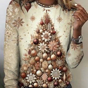 Vintage Christmas Tree Pattern Crew Neck Long Sleeve T-shirt, T-shirts, color:Champagne|size:5XL, catalog Noracora shop