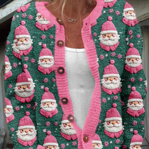 Women Christmas Santa Knitted Color Block Long Sleeve Comfy Casual Cardigan, Outerwear, color:Pink|size:5XL, catalog Noracora shop