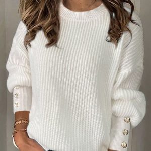 Women Yarn/Wool Yarn Plain Long Sleeve Comfy Casual Buckle Sweater, Sweaters, color:White|size:L, catalog Noracora shop