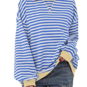 Casual Crew Neck Striped Sweatshirt, Hoodies & Sweatshirts, color:Aqua blue|size:XL, catalog Noracora shop