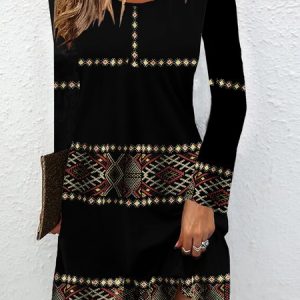 Women's Long Sleeve Spring/Fall Ethnic Jersey Dress Crew Neck Daily Going Out Vintage Mini H-Line T-Shirt Dress, JustFashionNow Dresses, color:Black|size:XXL,