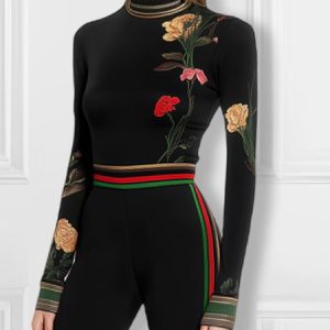 Floral Turtleneck Tight Long Sleeve Urban T-Shirt, Tees, color:Black|size:XXL, Stylewe