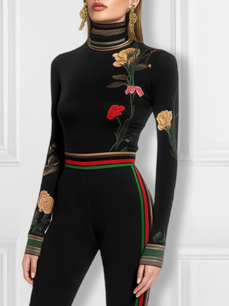 Floral Turtleneck Tight Long Sleeve Urban T-Shirt, Tees, color:Black|size:XXL, Stylewe