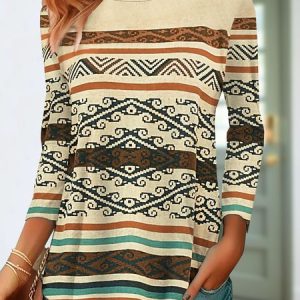 Vintage Ethnic Crew Neck Long Sleeve T-shirt, T-shirts, color:Apricot|size:XXL, catalog Noracora shop