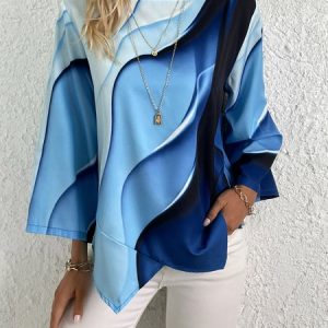 Abstract Printed Casual Tunic Shirt, Blouses, color:Blue|size:XXL, catalog Noracora shop