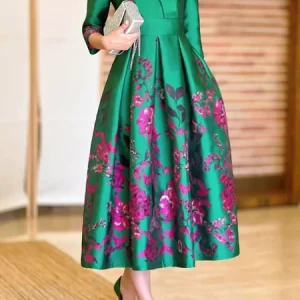 Elegant Floral Three Quarter Sleeve V Neck Midi Party Dress, Midi Dresses, color:Green|size:XXL, Stylewe