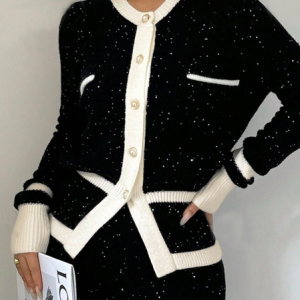 Color Block Glitter Regular Sleeve Elegant Cardigan, Cardigans, color:Black|size:XXL, Stylewe