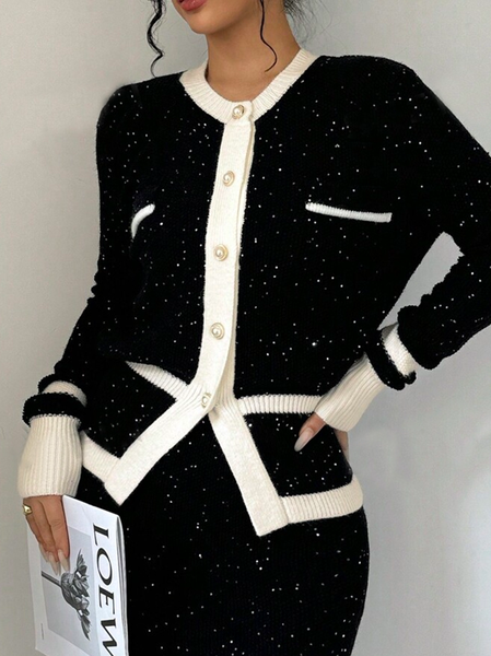 Color Block Glitter Regular Sleeve Elegant Cardigan, Cardigans, color:Black|size:XXL, Stylewe