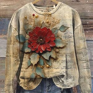 Women's Crew Neck Floral Casual Spring/Fall Long Sleeve Sweatshirt, JustFashionNow Sweatshirts & Hoodies, color:Khaki|size:XXL,