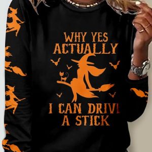 Halloween Casual Witch Pattern Text Letters Crew Neck Long Sleeve T-shirt, T-shirts, color:Black|size:4XL, catalog Noracora shop