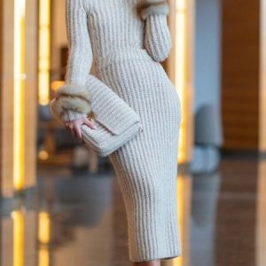 Plain Elegant Turtleneck Regular Sleeve Sweater Midi Dress, Midi Dresses, color:Camel|size:XXL, Stylewe