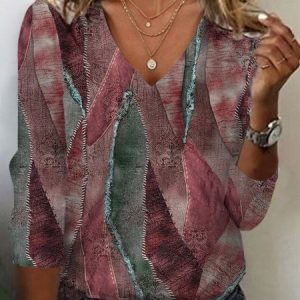 Geometric Print Long Sleeve V-Neck T-shirt, Long sleeves, Lilicloth.com