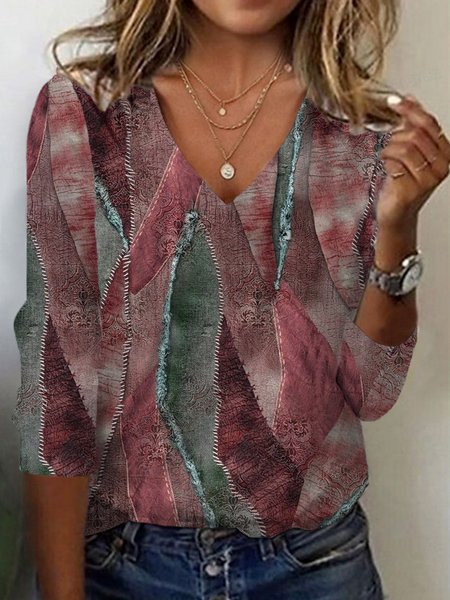 Geometric Print Long Sleeve V-Neck T-shirt, Long sleeves, Lilicloth.com