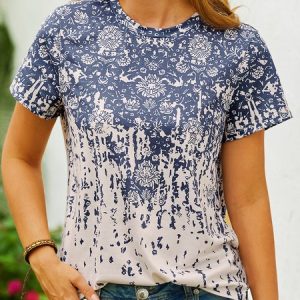 Ethnic Loose Casual Jersey T-Shirt, T-shirts, color:Blue|size:XXL, catalog Noracora shop