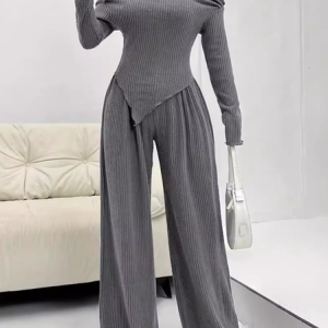Women Plain Long Sleeve Comfy Casual Top With Pants Two-Piece Set, Sets, color:Gray|size:XL, catalog Noracora shop