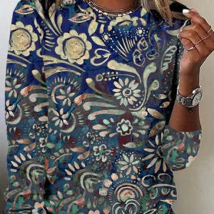 Vintage Floral Crew Neck Long Sleeve T-shirt, T-shirts, color:Blue|size:XXL, catalog Noracora shop