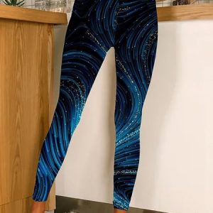 Women's Casual Random Print Jersey All Season Long Leggings, JustFashionNow Leggings, color:Blue|size:XXL,