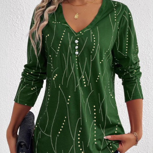 Casual Geometric V Neck Long Sleeve T-shirt, T-shirts, color:Green|size:XXL, catalog Noracora shop