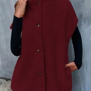Women's Plain Buttoned Thicken Loose Teddy Jacket, Outerwear, color:Wine Red|size:XXL, catalog Noracora shop