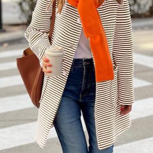 Women's Striped Regular Loose Jacket, Outerwear, color:Brown|size:XL, catalog Noracora shop
